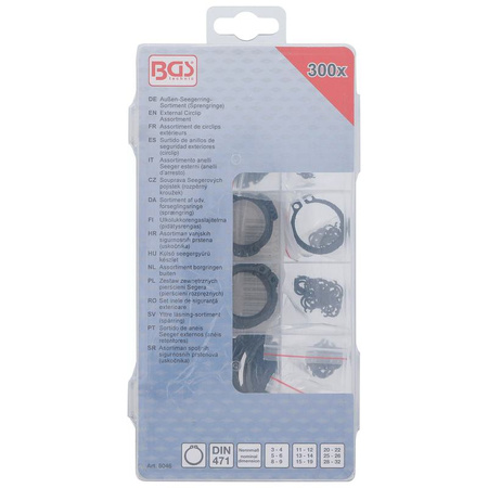 Zestaw zewnętrznych pierścieni Segera (pierścieni rozprężnych) Ø 3-32 mm 300 szt., BGS 8046
