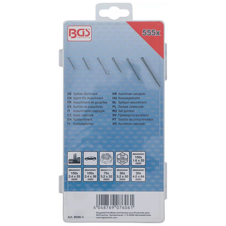 Zestaw zawleczek stal szlachetna nierdzewna Ø 1,6-4,0 mm 555 szt., BGS 8048-1