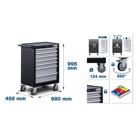 Wózek warsztatowy 7 szuflad ze 129 narzędziami, BGS 6065