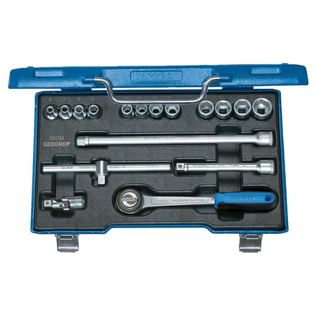 Zestaw kluczy nasadowych 3/8" UD-profil (17 elementów), rozmiary 6-19 mm z precyzyjną grzechotką, przedłużką, przegubem kardana i uchwytem krzyżowym, Gedore 30 GMU-3, 6235980