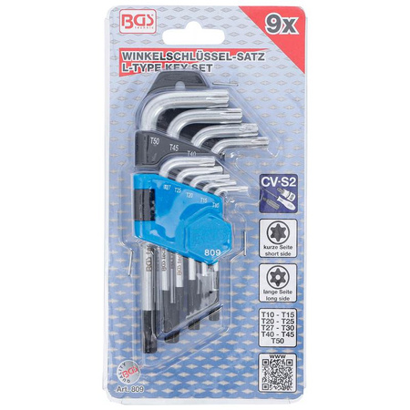 Zestaw krótkich kluczy imbusowych Torx z otworem T10-T50 9 szt., BGS 809