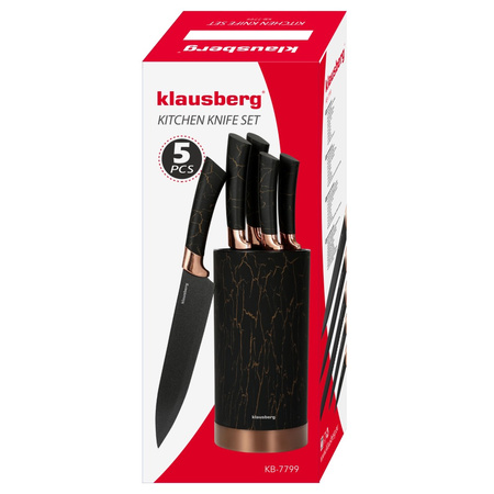 Noże kuchenne w stojaku, kolor czarny, z brązowym wzorem, zestaw 5 elementów, Klausberg, KB-7799