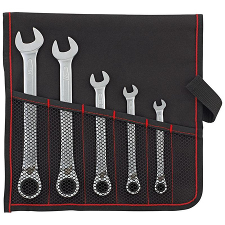 Zestaw kluczy płaskich z grzechotką dwukierunkową 8-19 mm, 5-częściowy, w zwijanym etui, FORMAT