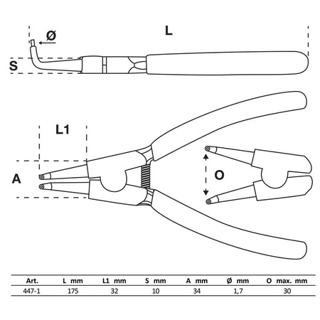 Szczypce zagięte do zewnętrznych pierścieni rozprężnych 175 mm, BGS 447-1