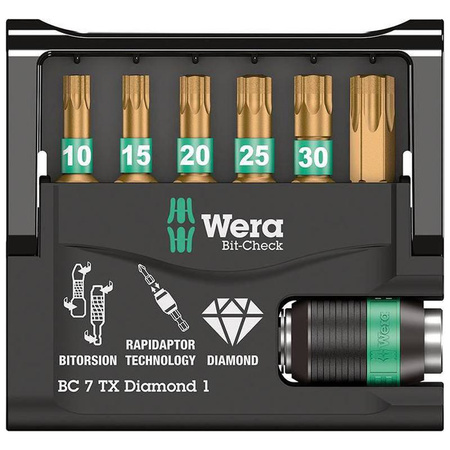 Zestaw bitów TORX® BiTorsion z uchwytem Rapidator Bit-Check 7 TX Diamond 1 Wera