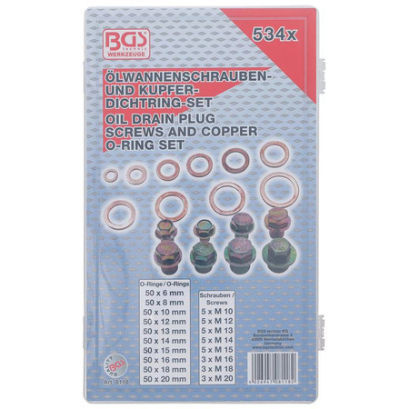 Zestaw śrub i miedzianych pierścieni uszczelniających do misek olejowych 534 szt., BGS 8118