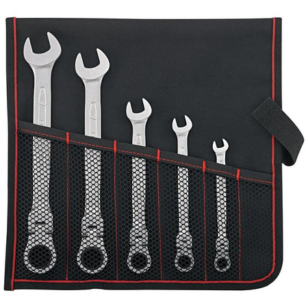 Zestaw kluczy płasko-oczkowych z grzechotką 8-19 mm, 5-częściowy, w zwijanym etui, FORMAT