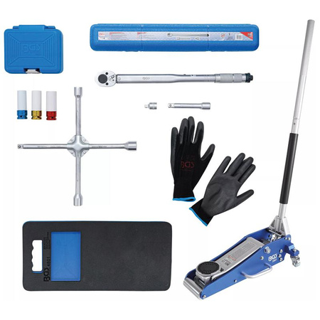 Zestaw serwisowy do zmiany koła z podnośnikiem samochodowym 1,5 t 10 szt., BGS 9680