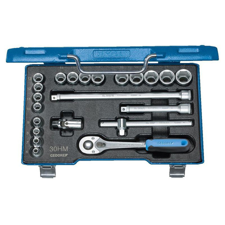 Zestaw kluczy nasadowych 3/8" UD-profil (22 elementy), rozmiary 6-22 mm z solidną dźwigniową grzechotką, przedłużką, przegubem kardana i uchwytem krzyżowym, Gedore D 30 HMU-10, 6239700