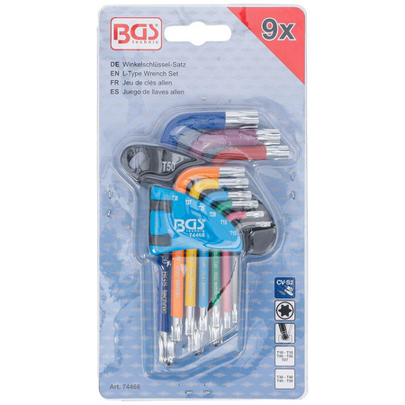 Zestaw 9 krótkich kluczy imbusowych Torx z kulką T10 - T50, BGS 74466