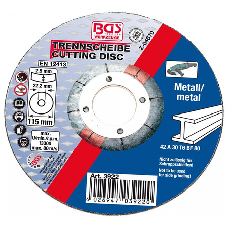 Tarcza tnąca do metalu Ø 115 x 2,5 x 22,2 mm typ 42, BGS 3922