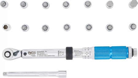 Klucz dynamometryczny 6,3 mm (1/4") 3-24 Nm z grzechotką i zestawem nasadek z bitem, BGS 72088