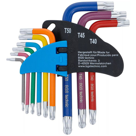 Zestaw 9 krótkich kluczy imbusowych Torx z otworem i kulką T10 - T50, BGS 74463