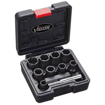 Zestaw nasadek do wykręcania uszkodzonych śrub z rowkiem spiralnym 1/2" 34mm, z wybijakiem, 10-częśc. 10-19mm w walizce