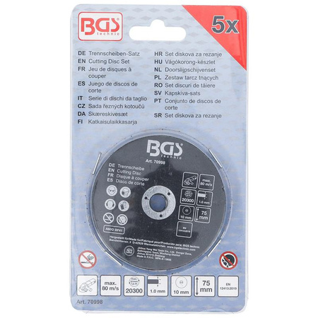 Zestaw tarcz tnących do stali szlachetnej Ø 75 x 1,0 x 10 mm 5 szt., BGS 70998