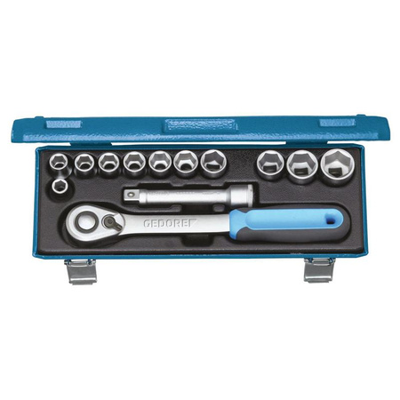 Zestaw kluczy nasadowych 10-24 mm, napęd 1/2" z dźwigniową grzechotką i akcesoriami, 13 el., Gedore 19 KMU-20, 2545810