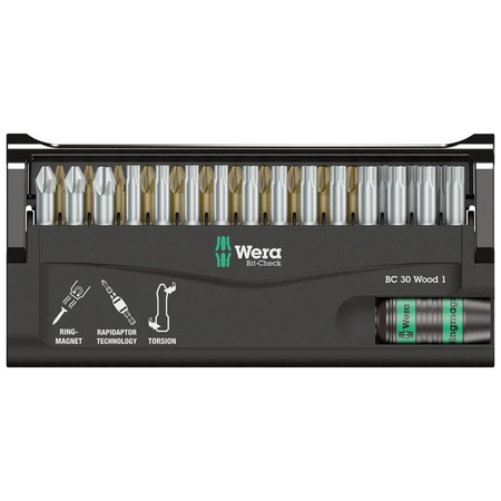 Zestaw bitów do drewna z uchwytem Rapidator z pierścieniem magnetycznym Bit-Check 30 Wood 1 (krzyżakowy PH-PZ, TORX®) Wera