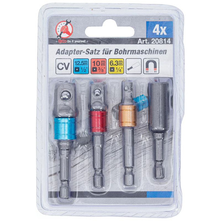 Zestaw 4 adapterów do wiertarek napęd 6,3 mm (1/4") 6,3 mm (1/4"), 10 mm (3/8"), 12,5 mm (1/2"), gniazdo sześciokątne 6,3 mm (1/4"), BGS Diy 20814