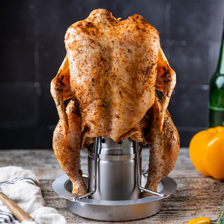 Stojak do pieczenia kurczaka ze stali nierdzewnej z pojemnikiem na przyprawy KINGHoff