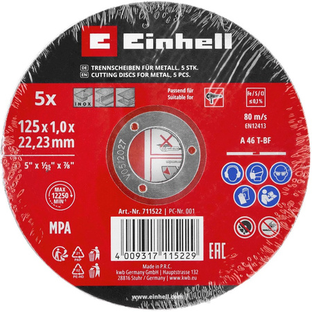 Zestaw 5 tarcz tnących do metalu Ø 125 mm EINHELL