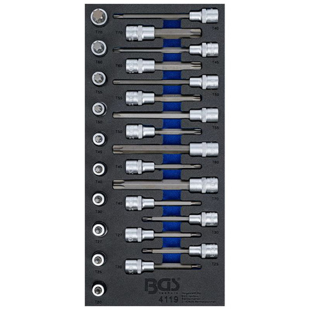 Wkładka do szuflady 1/3: zestaw nasadek do bitów profil T (do Torx) 26 szt., BGS 4119