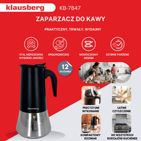 Kawiarka, zaparzacz do kawy ze stali 12 filiżanek, czarno-srebrny, Klausberg