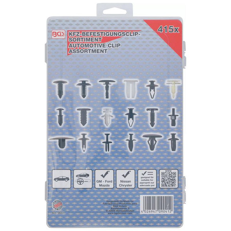 Zestaw zatrzasków do samochodów dla Ford, Mazda, GM, Chrylser, Nissan 415 szt., BGS 9041