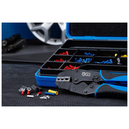 Zestaw szczypiec do zaciskania z 2 parami szczęk z zestawem końcówek kablowych 1000 szt., BGS 1411