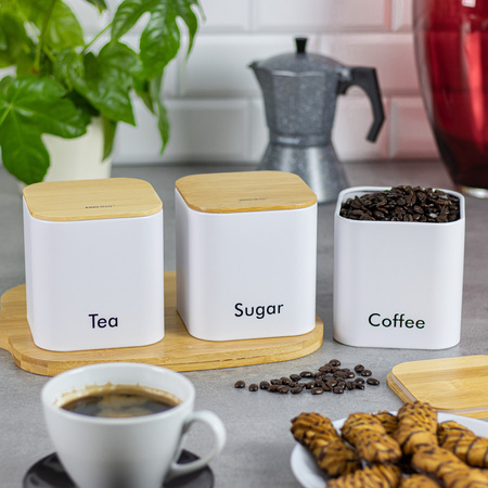 Pojemnik kuchenny zestaw 3 elementy stal-bambus, biały KINGHoff