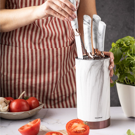 Noże kuchenne w stojaku, kolor biały, z brązowym wzorem, zestaw 5 elementów, Klausberg, KB-7800