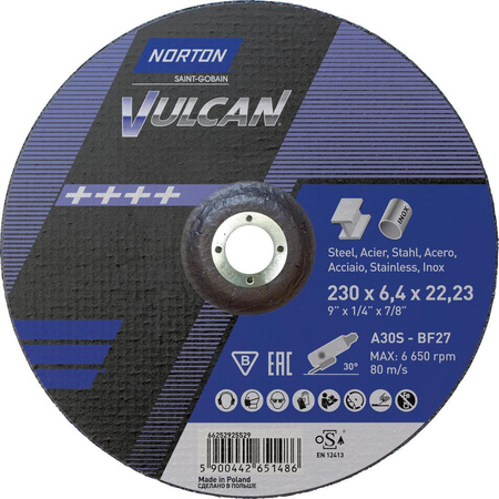 Tarcza tnąca Norton Vulca stal./Inox wypukła 230x6,4mm 22,23mm