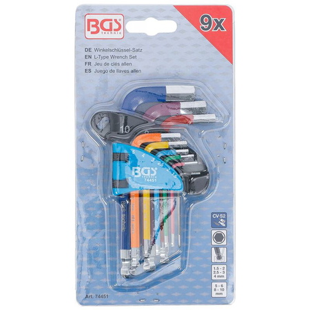 Zestaw krótkich kluczy imbusowych z kulką 1,5-10 mm 9 szt., BGS 74451