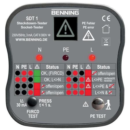 Tester gniazd wtykowych SDT 1 z testem PE i wyświetlaczem LCD BENNING