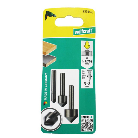 Pogłębiacze do otworów pod wkręty WS 3 sztuki 6/12/16 mm trzpień okrągły 2504000 WOLFCRAFT