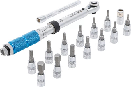 Klucz dynamometryczny 6,3 mm (1/4") 3-24 Nm z grzechotką i zestawem nasadek z bitem, BGS 72088