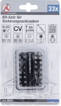 Zestaw bitów do śrub zabezpieczających napęd 6,3 mm (1/4") - 33 szt., BGS Diy 20810