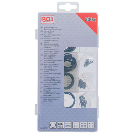 Zestaw wewnętrznych pierścieni Segera (pierścieni rozprężnych) Ø 3-32 mm 300 szt., BGS 8049
