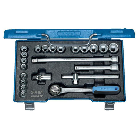 Zestaw kluczy nasadowych 3/8" UD-profil (22 elementy), rozmiary 6-22 mm z precyzyjną grzechotką, przedłużką, przegubem kardana i uchwytem krzyżowym, Gedore D 30 HMU-3, 6240470