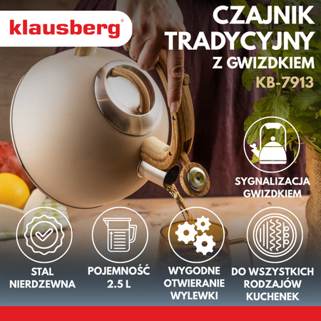 Beżowy czajnik z gwizdkiem 2,5 l na gaz i indukcję, rączka drewnopodona, Klausberg