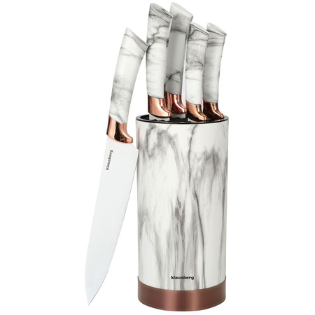 Noże kuchenne w stojaku, kolor biały, z brązowym wzorem, zestaw 5 elementów, Klausberg, KB-7800