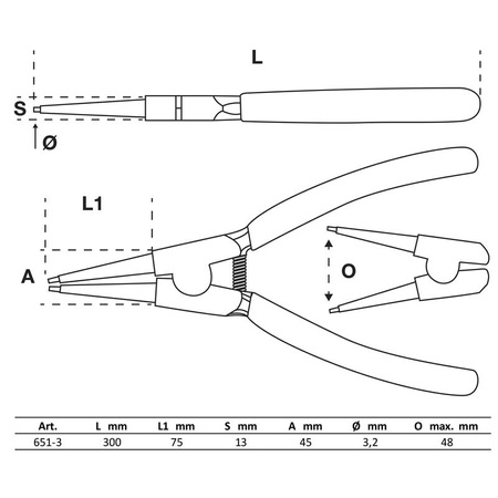 Szczypce proste do zewnętrznych pierścieni rozprężnych 300 mm, BGS 651-3