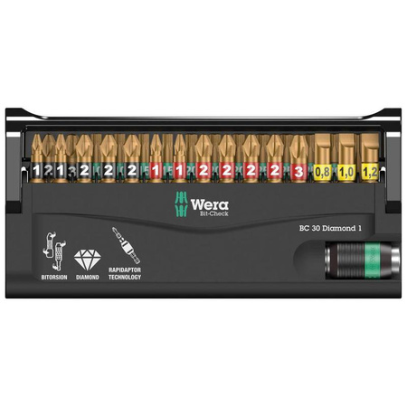 Zestaw bitów BiTorsion z uchwytem Rapidator Bit-Check 30 Diamond 1  Wera