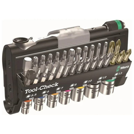 Zestaw bitów z kluczem grzechotka, adapterem, uchwytem Rapidator i kluczem nasadowym Zyklop Tool-Check 1 SB (krzyżakowy Ph-PZ, TORX®, płaski, sześciokątny) Wera