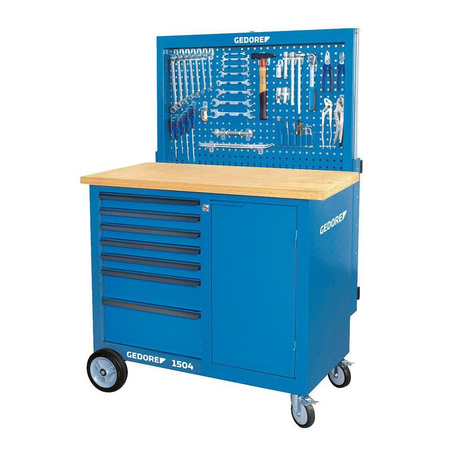 Mobilny stół warsztatowy BR 1504 0511 LH z opuszczaną tylną ścianką i zestawem haków, blat bukowy 30 mm, Gedore BR 1504 0511 LH, 6623990