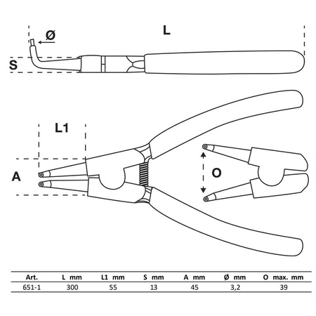 Szczypce zagięte do zewnętrznych pierścieni rozprężnych 300 mm, BGS 651-1