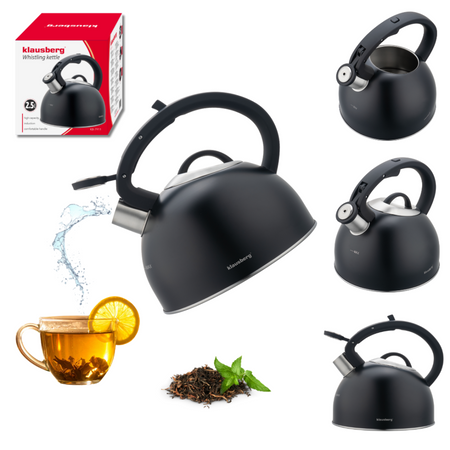 Czarny czajnik z gwizdkiem 2,5 l na gaz i indukcję, Klausberg