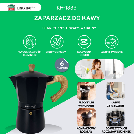 Aluminiowy zaparzacz ciśnieniowy do kawy, 6 filiżanek, czarny KINGHoff