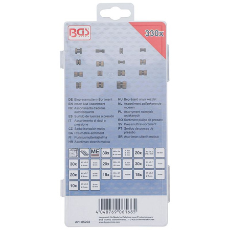 Asortyment nakrętek wciskanych mosiądz 330 szt., BGS 85223