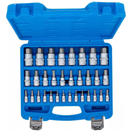 Zestaw 32 nasadekz bitem, gniazdo sześciokątne 2-19 mm / 1/4 - 9/16", metryczne i calowe, napęd 6,3 mm (1/4"), 10 mm (3/8"), 12,5 mm (1/2"), BGS 74258