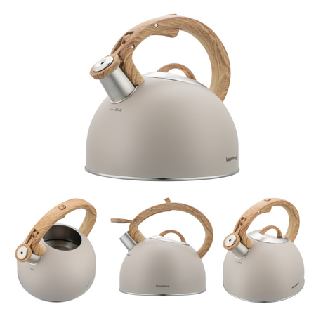 Beżowy czajnik z gwizdkiem 2,5 l na gaz i indukcję, rączka drewnopodona, Klausberg